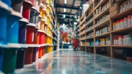 Obraz premium Vibrant Paint Cans Aisle in Home Improvement Store. Generative ai