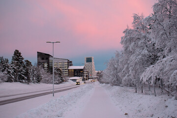DECEMBER 14, 2023. Skyline of New Kiruna in Sweden, Lapland.