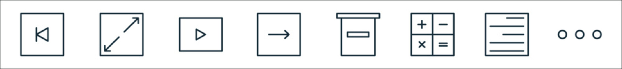 outline set of essentials line icons. linear vector icons such as left, arrow down small big, play button, right arrow, mail box, math, paper, point