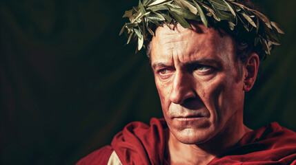 Portrait of stern man embodying Roman emperor Julius Caesar with laurel wreath in dramatic lighting on a dark background. - obrazy, fototapety, plakaty
