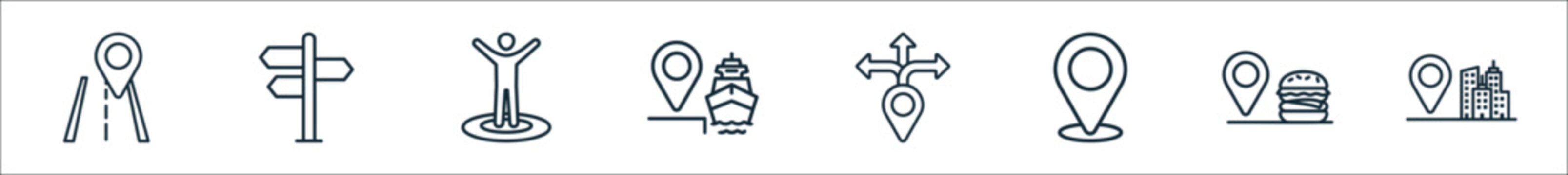 outline set of navigation support line icons. linear vector icons such as highway, street, you are here, port, directions, marker, fast food, location