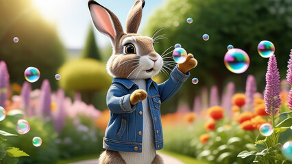 Happy easter bunny with soap bubbles in the garden..  Generative AI