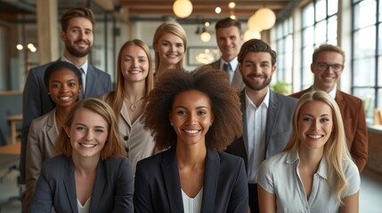 A group of smiling business professionals posing for a photo