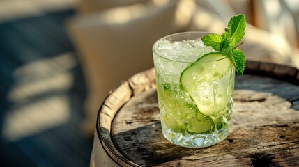 Close-up of a chilled cocktail with cucumber slices and fresh mint, casting a shadow on an aged wooden surface