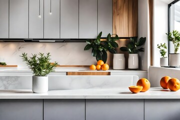 orange fruit and flower in a kitchen.