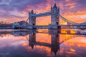 Tower Bridge at sunrise reflecting in the calm water of the River Thames in London, England