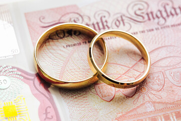 Wedding rings on money. Cost of wedding. Price of getting married background. Golden jewelry on...