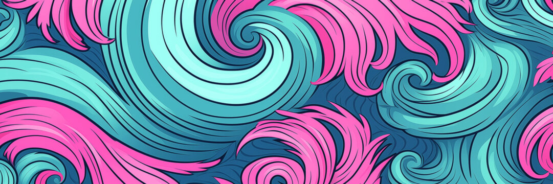 Vibrant pink and teal swirls in dynamic abstract design background banner. Panoramic web header. Wide screen wallpaper