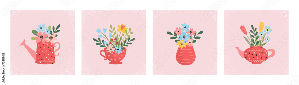 Wall mural Set of spring backgrounds, template of greeting card. Hand drawn bouquets of flowers in a watering can, teapot, cup, vase. Spring holidays. Perfect for March 8, Women's Day, Mother's Day.