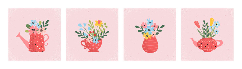 Set of spring backgrounds, template of greeting card. Hand drawn bouquets of flowers in a watering can, teapot, cup, vase. Spring holidays. Perfect for March 8, Women's Day, Mother's Day. - obrazy, fototapety, plakaty
