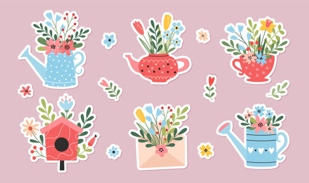 Spring set of decorative stickers. Floral decor. Bouquets of flowers in a watering can, cup, teapot. Spring holidays. Women's Day, Easter, Mother's Day. Perfect for card, poster, flower shop.