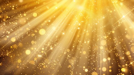 Golden glitter and sparkles in sun rays background. Enhance your design with the luminous beauty of shining light and elegant golden lines