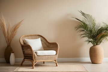 Beige wall mockup set in a boho-inspired room interior, accompanied by a wicker armchair and a vase. Bathed in natural daylight streaming through a window, creating an inviting atmosphere.