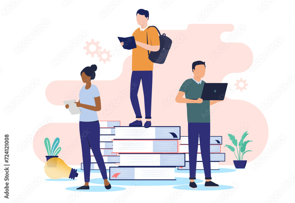 Poster students with computers and books standing while studying, taking education and doing school work to