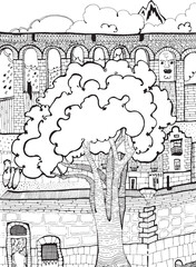 Cute childish city sketch of Cartagena, Murcia, Spain