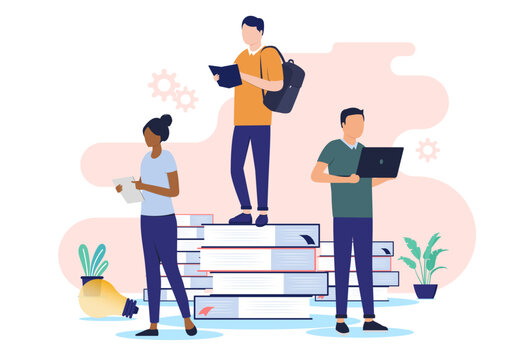 Students with computers and books standing while studying, taking education and doing school work together as a team. Studying concept in flat design vector illustration with white background