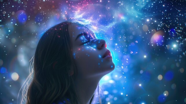 A girl or young woman with beautiful flawless glowing skin having starry astral experience in cosmic space environment