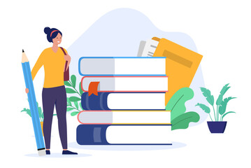 Woman student ready for education - Young female person standing in front of school books holding big pencil. Class, lecture and studying concept. Flat design vector illustration with white background