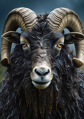 close up portrait of a massive and old black ram