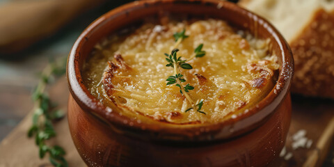 Classic French Onion Soup with Melted Cheese. A close-up of a traditional French onion soup topped with melted cheese and fresh thyme, served in a ceramic bowl.