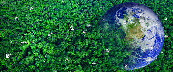 Aerial view forest with globe earth. Sustainable Development Goals (SDGs).Environmental technology concept.Renewable resource to reduce pollution and carbon emissions. Elements of this image by NASA.