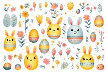 Obraz premium Set of colorful Easter bunnies, eggs, and spring flowers isolated on white background. Watercolor clipart bundle, hand drawn set, boho illustration