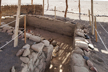 The Chauchilla Cemetery near Nazca (Peru) with its dozens of tombs, where you can observe the...
