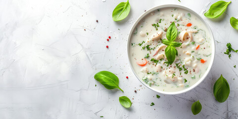 Creamy Clam Chowder with Fresh Parsley. Close-up of creamy New England clam chowder garnished with parsley in a bowl, copy space.