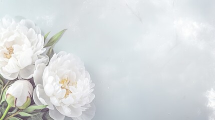 Tribute: Wide banner with fresh white peony flowers on a light gray background. - obrazy, fototapety, plakaty