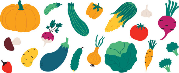 Obraz na płótnie Canvas Colorful fresh vegetables vector set. Root vegetable, legumes, mushrooms. Healthy vegan diet