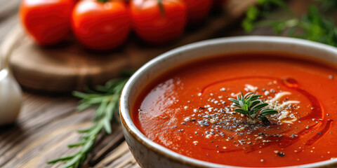 Fresh Tomato Basil Soup in Earthenware Bowl. Vibrant tomato soup garnished with basil, in a rustic bowl, fresh tomatoes puree, copy space.