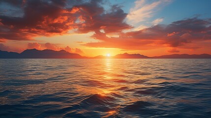 Fototapeta na wymiar Calm sea with sunset sky and sun through clouds above. Meditation sea and sky background.
