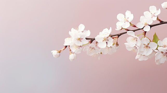 Elegance in Bloom: Close-up view of a white cherry branch flat laying, perfect for a banner with free space for text.
