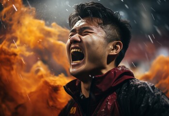 Young Man Screaming in Front of a Raging Fire - obrazy, fototapety, plakaty