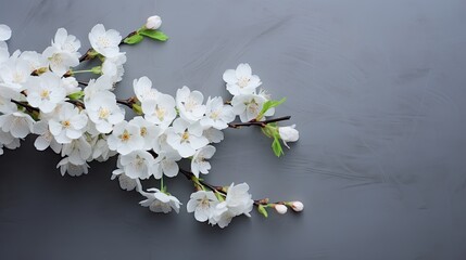Elegance in Bloom: Close-up view of a white cherry branch flat laying, perfect for a banner with free space for text.