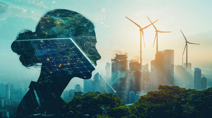 Double exposure of women with innovative city solar panels advanced, wind turbines and green trees, harnessing renewable energy sources and clean energy and global network connection, city background.