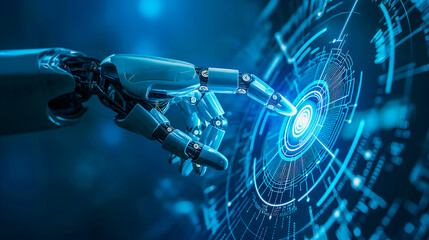 Robot hand touching on big circle data network connection, Data exchange, artificial intelligence technology, innovation and futuristic. 