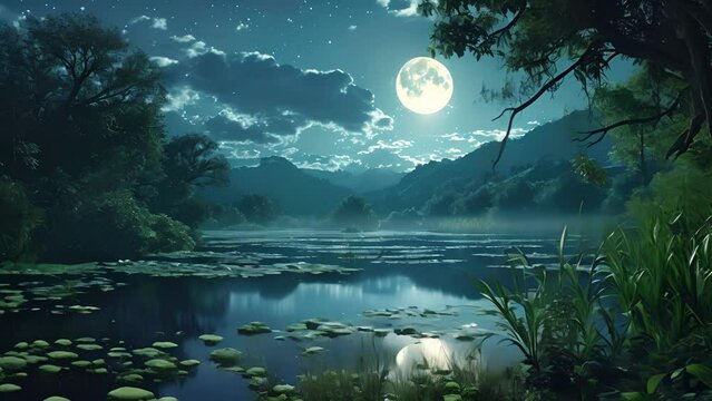 A moonlit lake surrounded by lush greenery, where yogis find their balance and inner peace through full moon yoga.