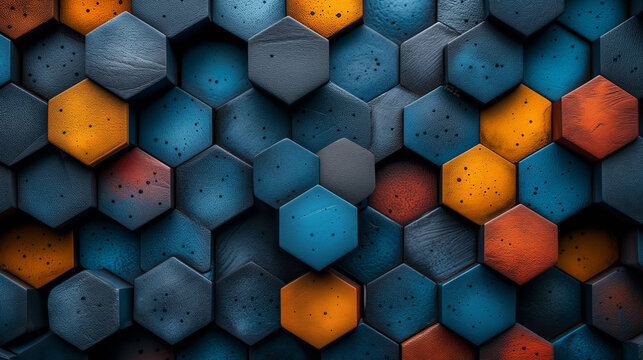 Motif num&eacute;rique d'hexagones sur fond abstrait, bleu profond et lueur orange