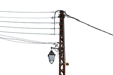 An electric pole with wires, street lamp and loudspeaker on the transparent background