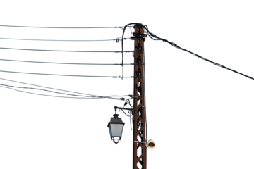 An electric pole with wires, street lamp and loudspeaker on the transparent background