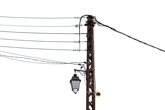 An electric pole with wires, street lamp and loudspeaker on the transparent background