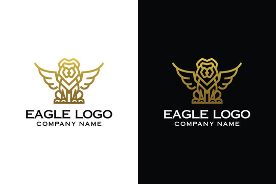 Eagle emblem logo. Gold heraldic shield line icon. Luxury vintage emblem symbol. Vector illustration.
