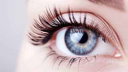 Close-up of a woman's eyes after the eyelash lamination procedure. - obrazy, fototapety, plakaty