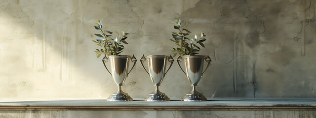 three silver laurel trophy stand on the table in