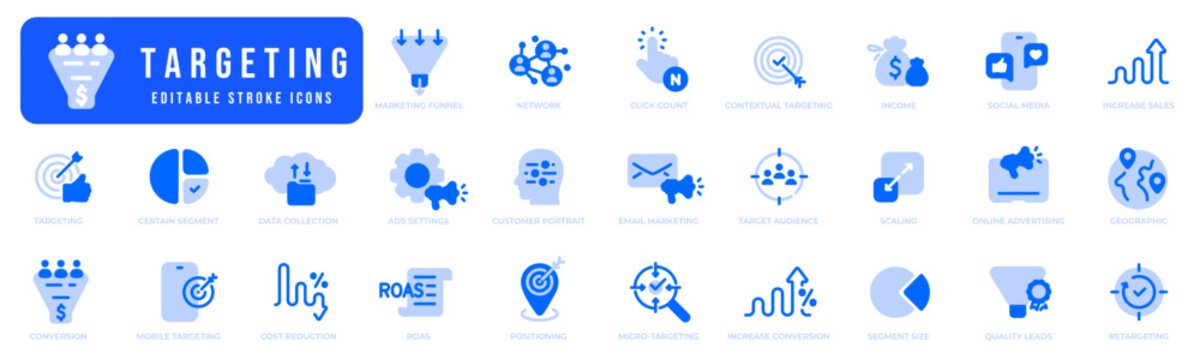 Targeting solid icon set. Seo, media,  marketing, conversion, ads, sales, advertising etc.