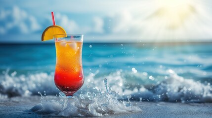 Tequila sunrise cocktail with ocean spray and sunshine on a tropical shore