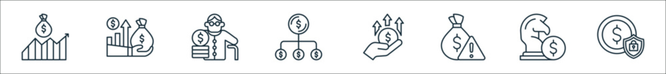 outline set of investment line icons. linear vector icons such as capital, capital, retirement savings, diversification, capital appreciation, risk management, investment, fixed income - obrazy, fototapety, plakaty