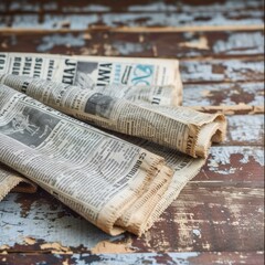Naklejka premium Vintage newspapers on a wooden table