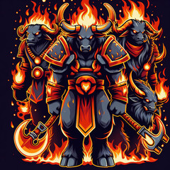 Bull with flames ,graphic design, for t-shirt prints, vector illustration